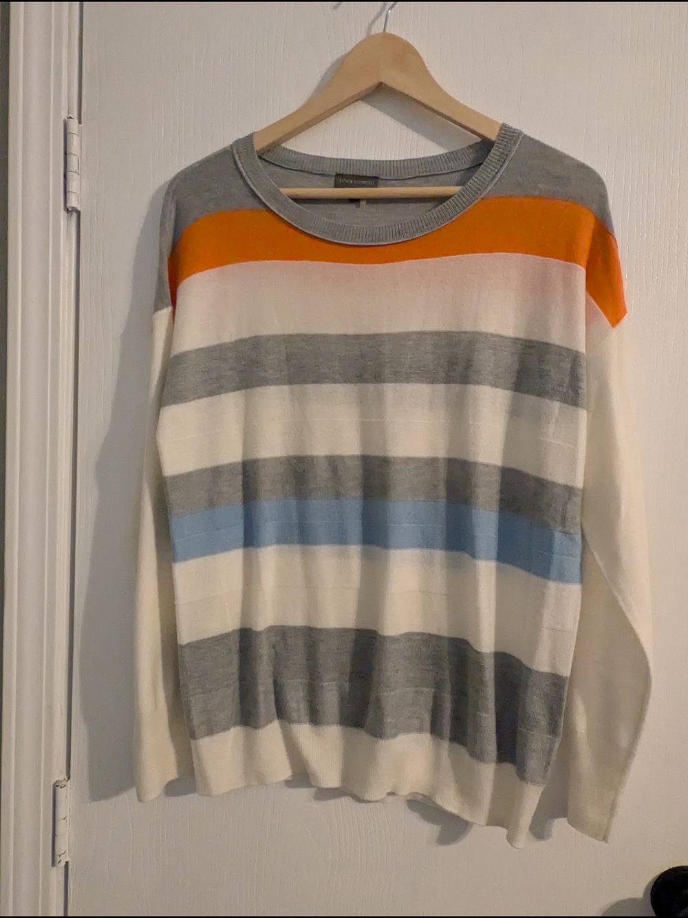 Vince Camuto Striped Crewneck Sweater in Gray, White & Orange with Blue Accent